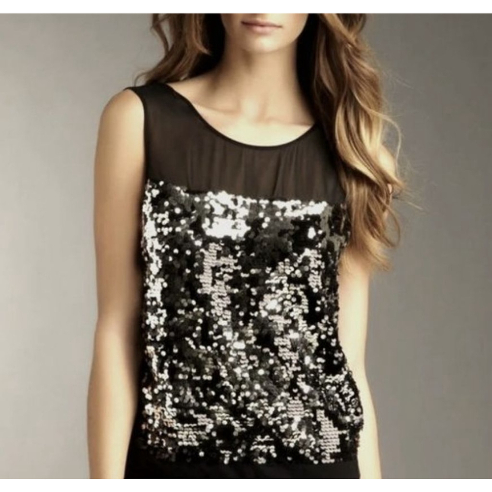 NWT BCBGMAXAZRIA Jannie crew neck contrast yoke Sequins top L